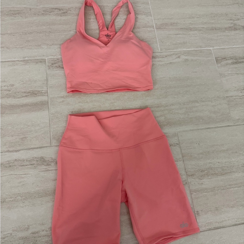 ALO Yoga Coral Crop Top and Biker Shorts